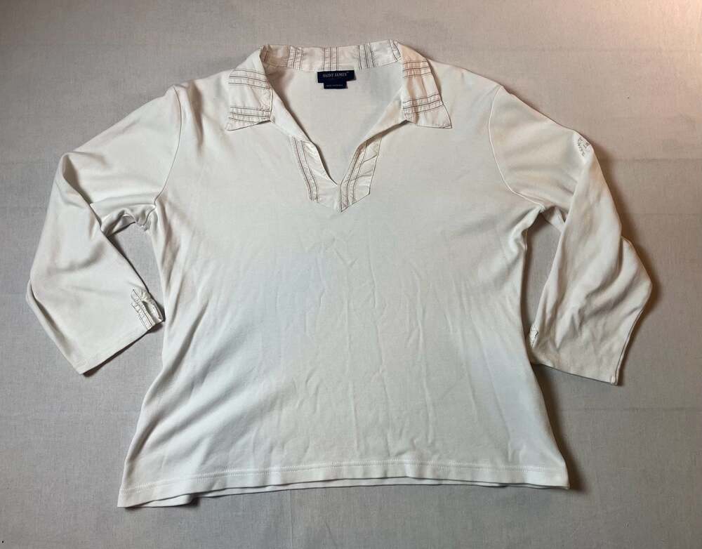 Saint James White Three-Quarter Sleeve Collared V-Neck Top Made in France
